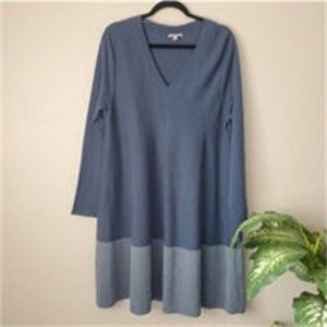Wool Blend Blue Ribbed Knit Sweater Shift Midi Dress Womens M